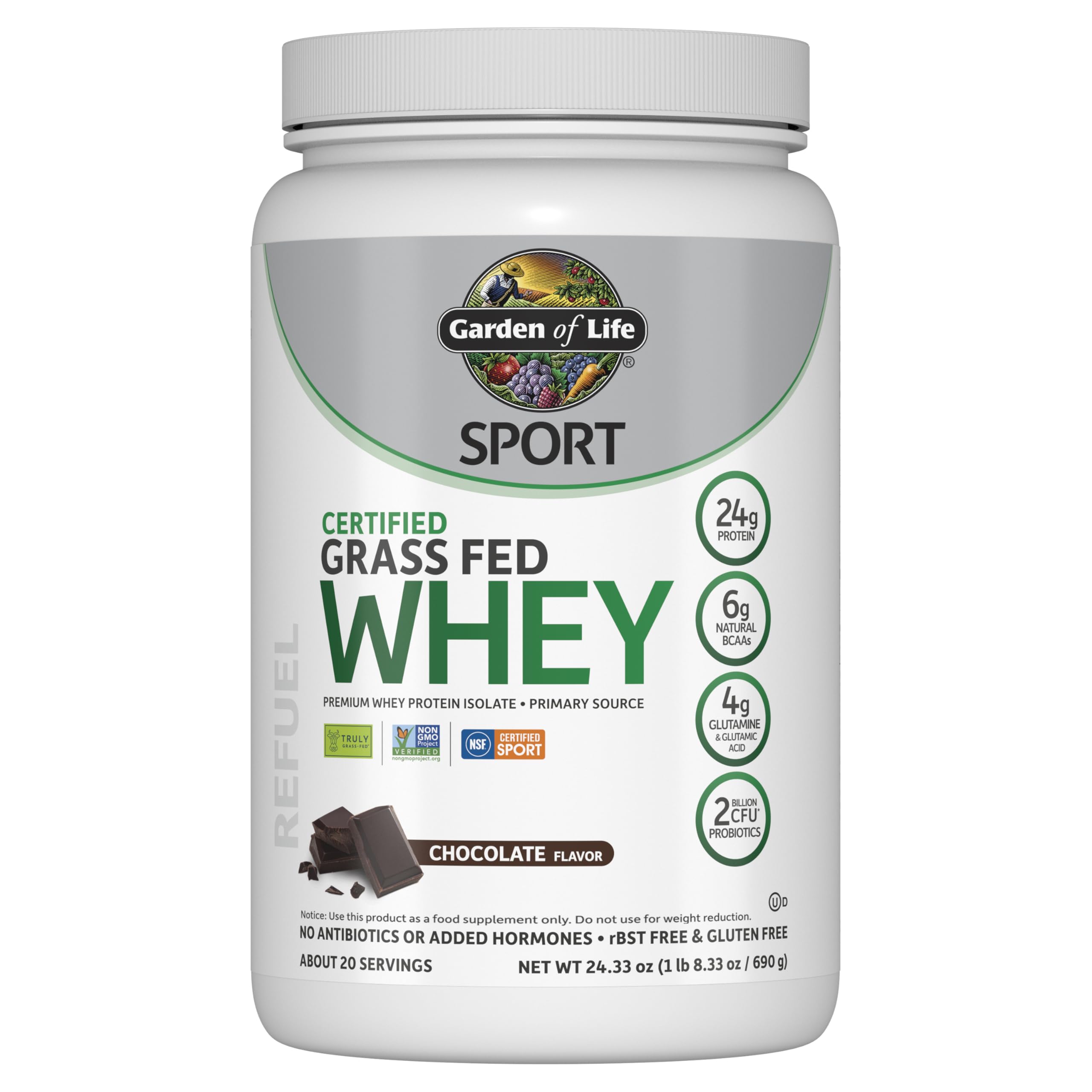 Garden of Life front packaging showing chocolate whey and benefits