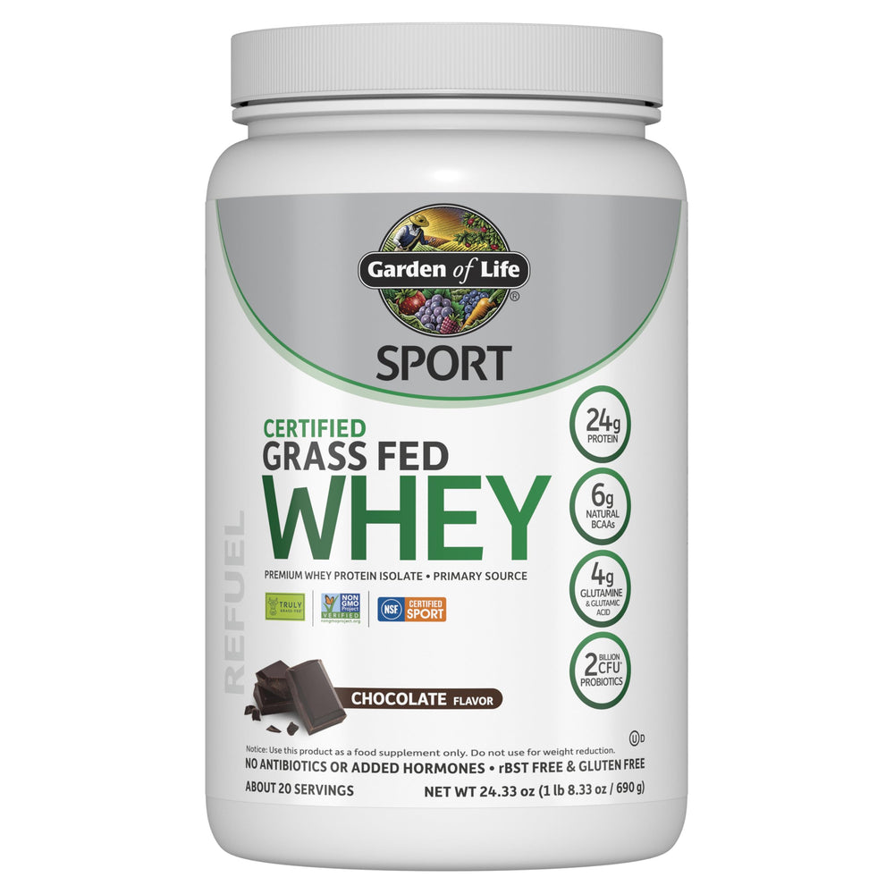Garden of Life front packaging showing chocolate whey and benefits