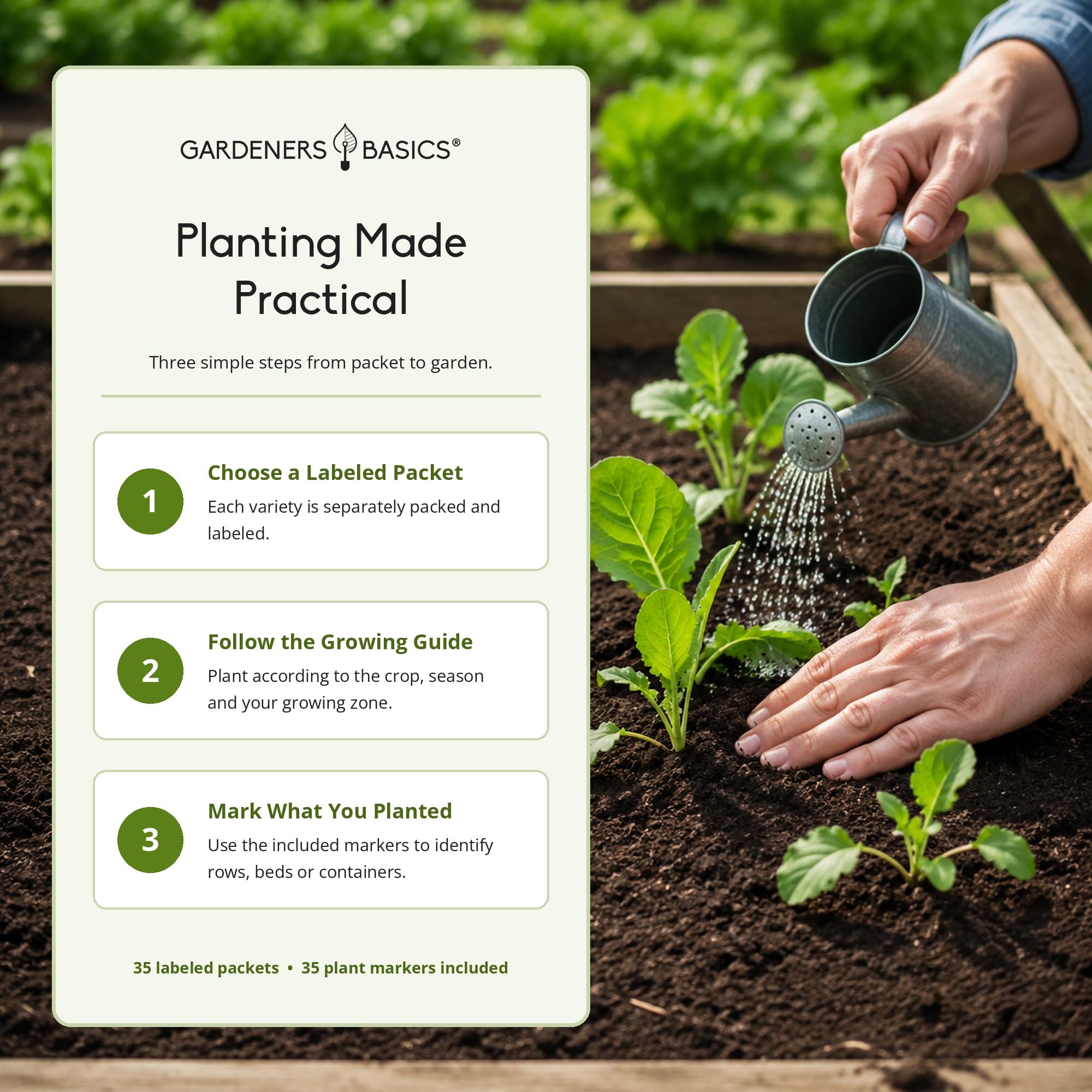 Gardeners Basics plant markers next to seed packets for organized planting