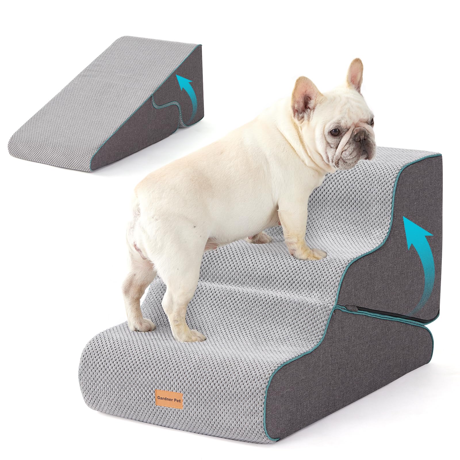 Gardner Pet front view of 3-step stairs showing compact design and comfort