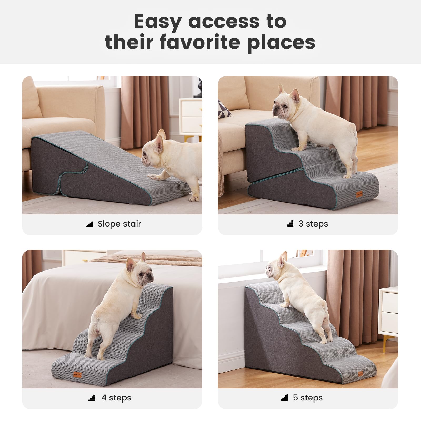 Gardner Pet stairs beside sofa for scale to show suitable furniture height