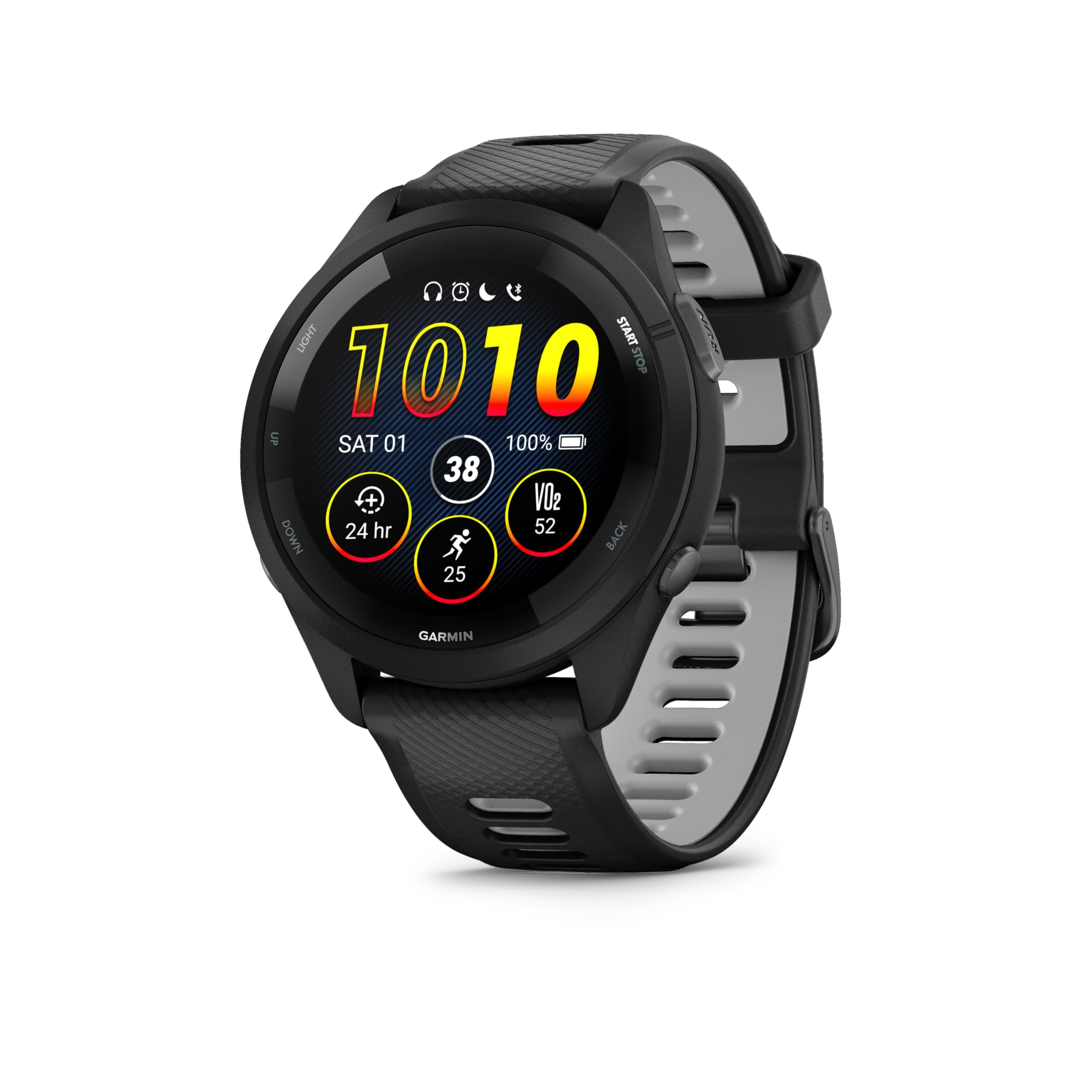 Garmin Forerunner 265 front display showing colorful AMOLED and workout data for quick glance benefit