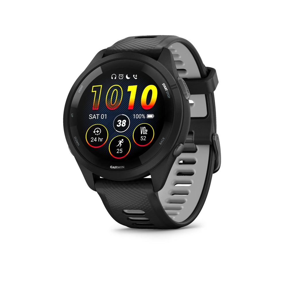 Garmin Forerunner 265 front display showing colorful AMOLED and workout data for quick glance benefit