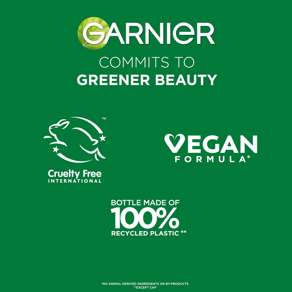 Garnier Fructis recycled bottle label close-up showing eco-friendly packaging