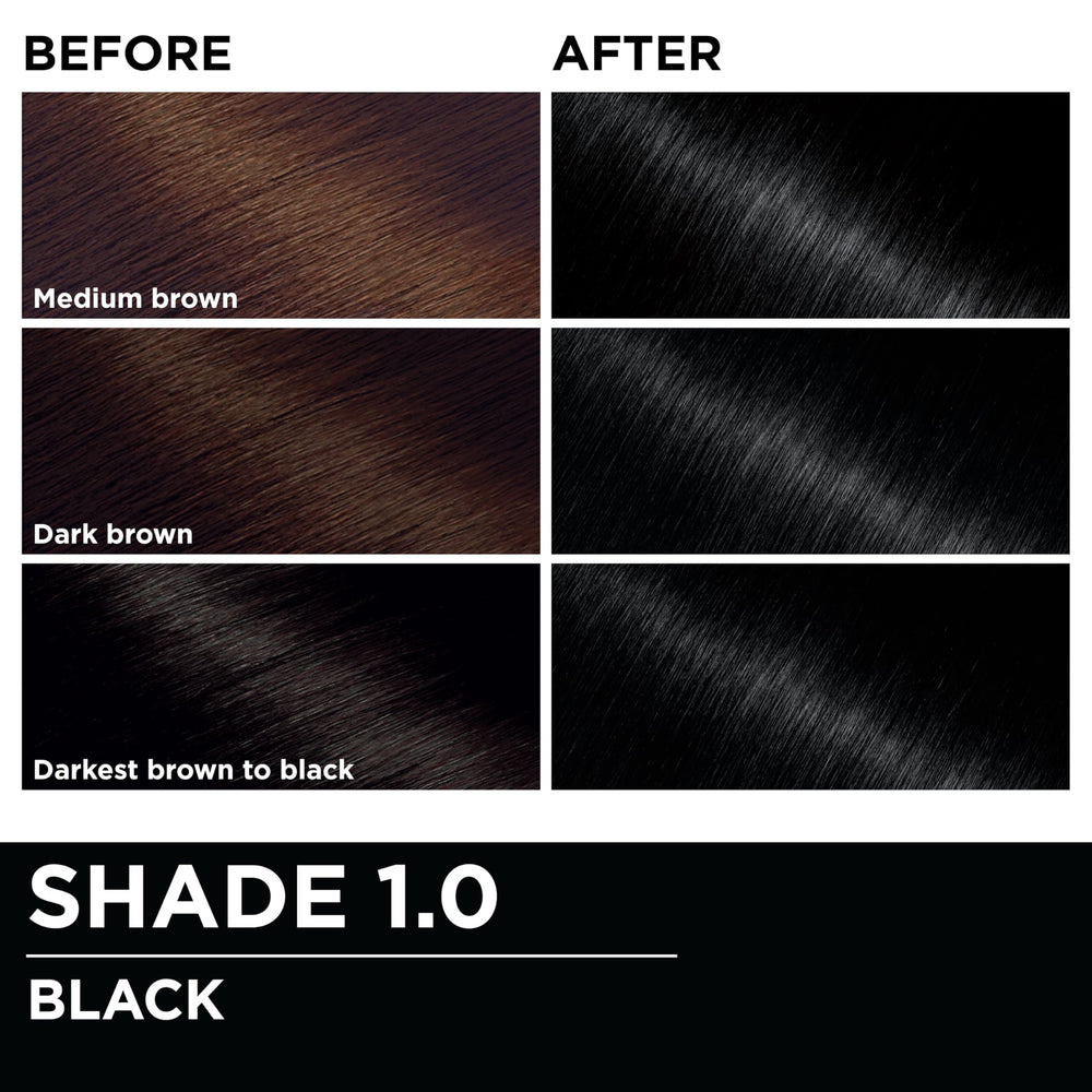 Garnier Olia 1.0 Black color swatch illustrating deep, natural black shade