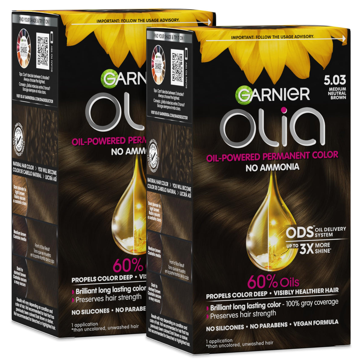 Garnier Olia front packaging showing shade 5.03 and benefits