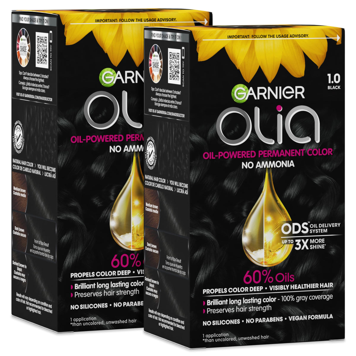 Garnier Olia front packaging showing product benefits and black shade