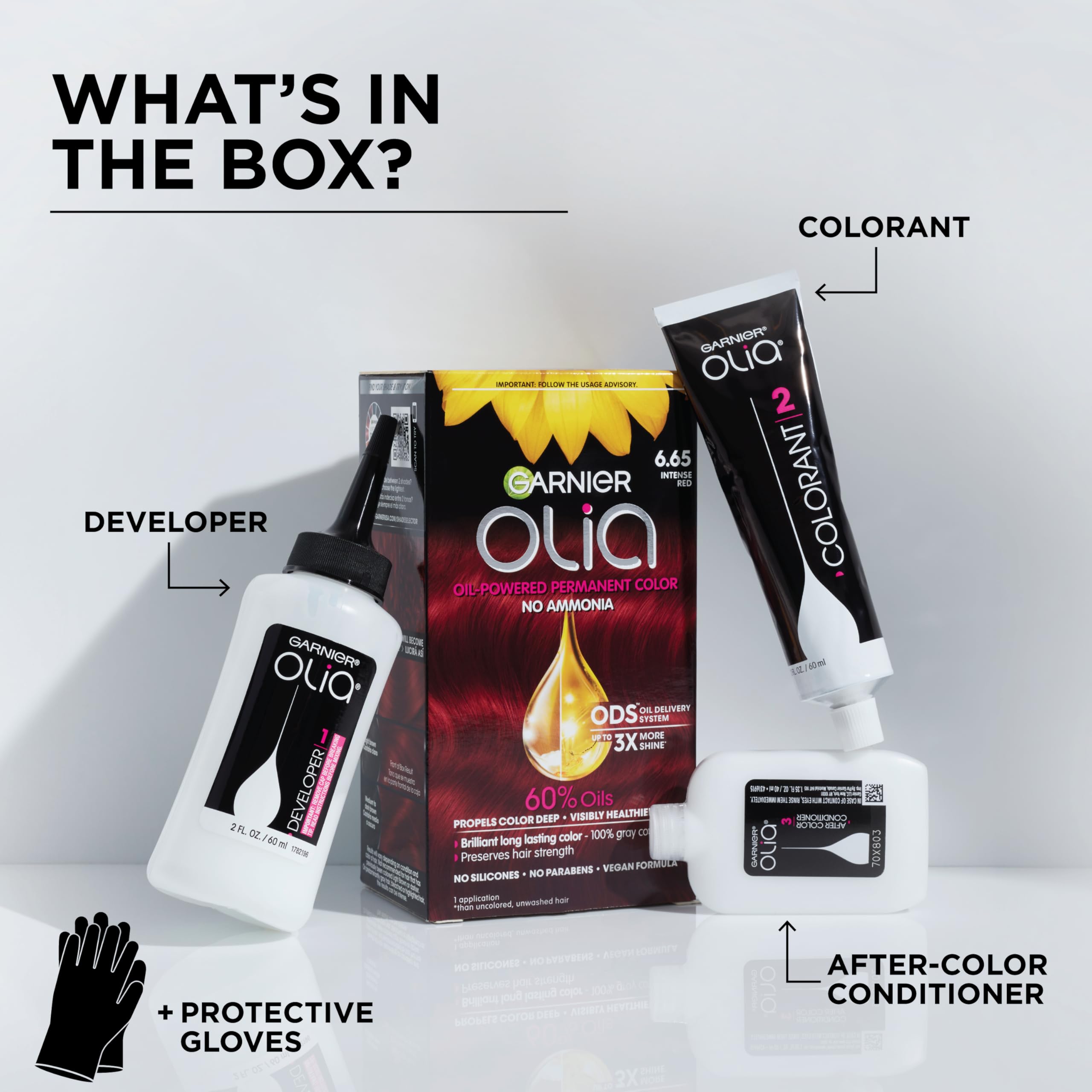 Garnier Olia box beside a hand illustrating product size