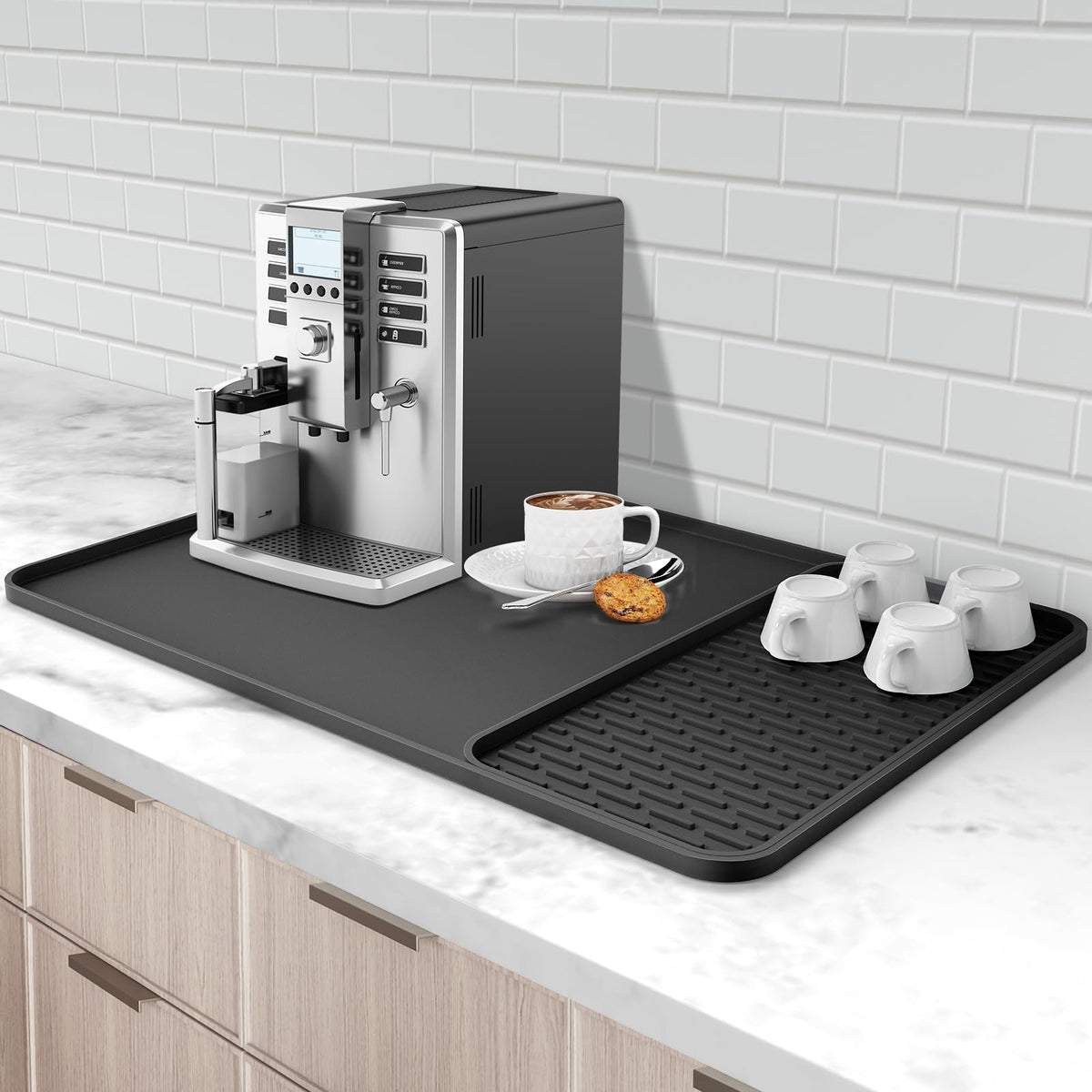Garolue front view of full 24x16 silicone coffee mat protecting counter