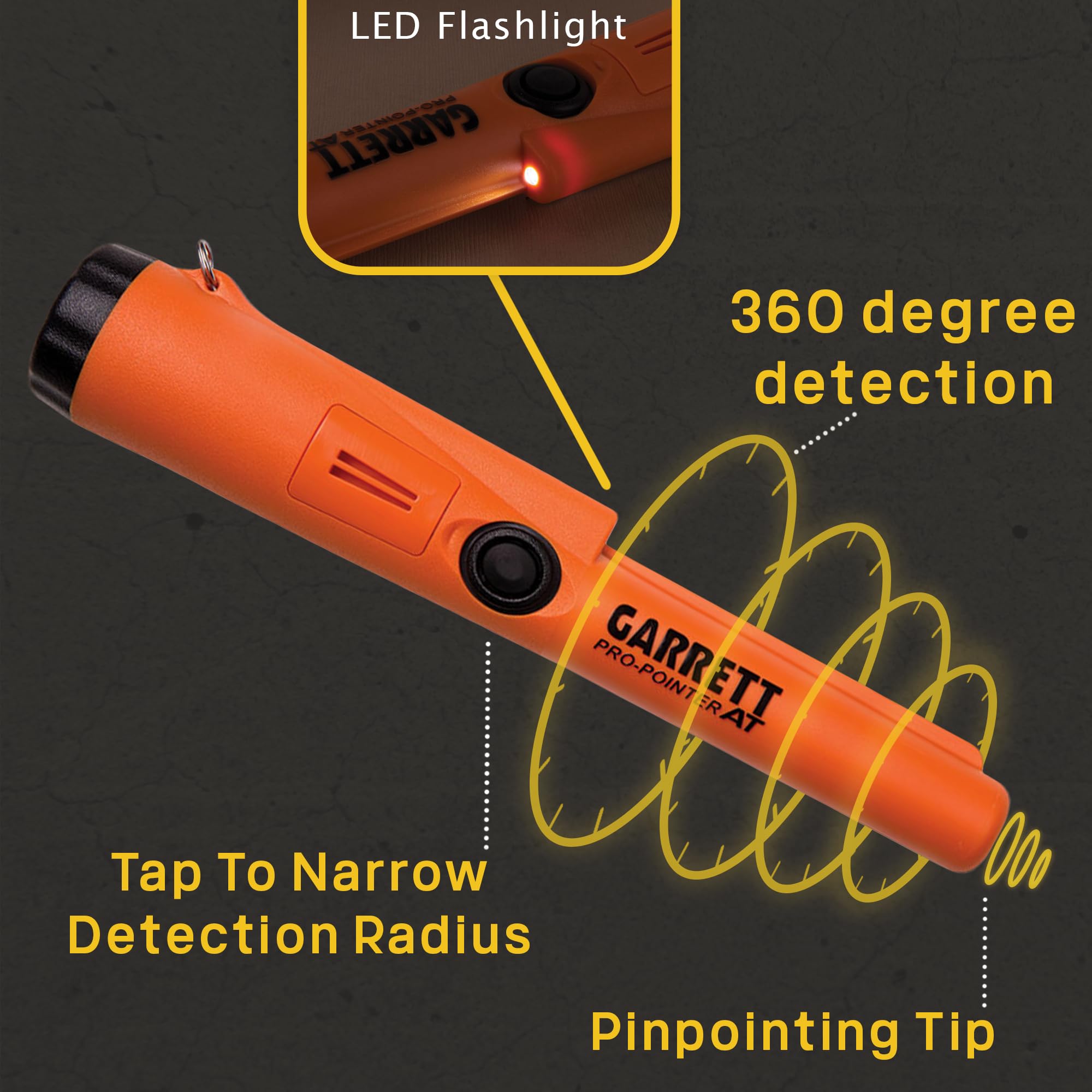 Garrett Pro-Pointer AT in hand on sandy beach showing high-visibility orange and search efficiency