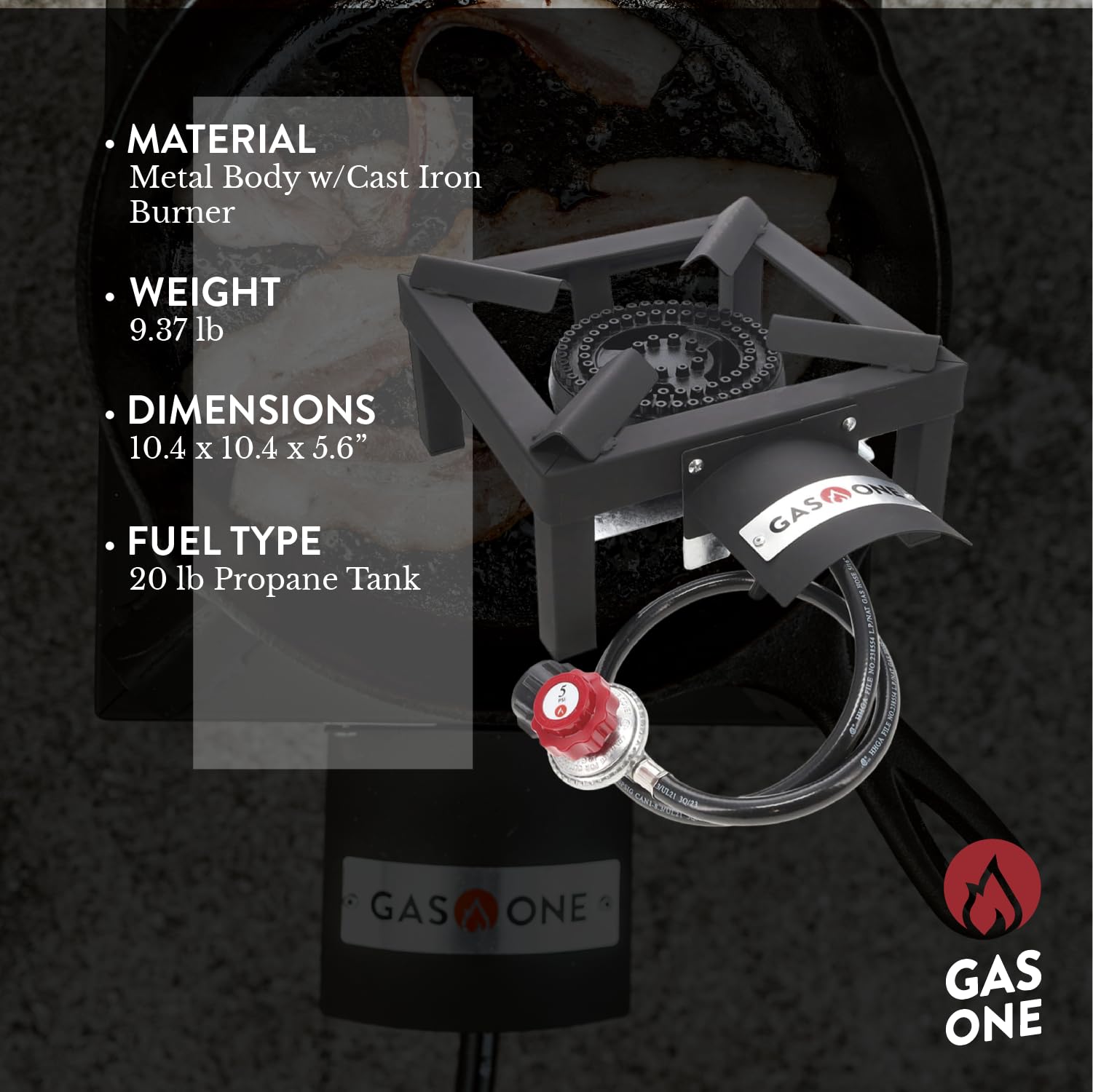 Gas One close-up of cast-iron burner head highlighting even heat distribution benefit