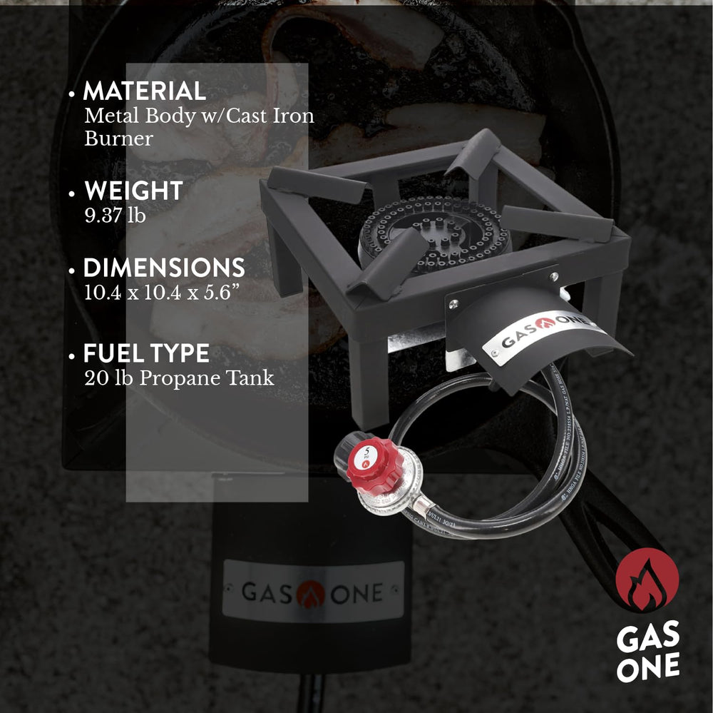 Gas One close-up of cast-iron burner head highlighting even heat distribution benefit