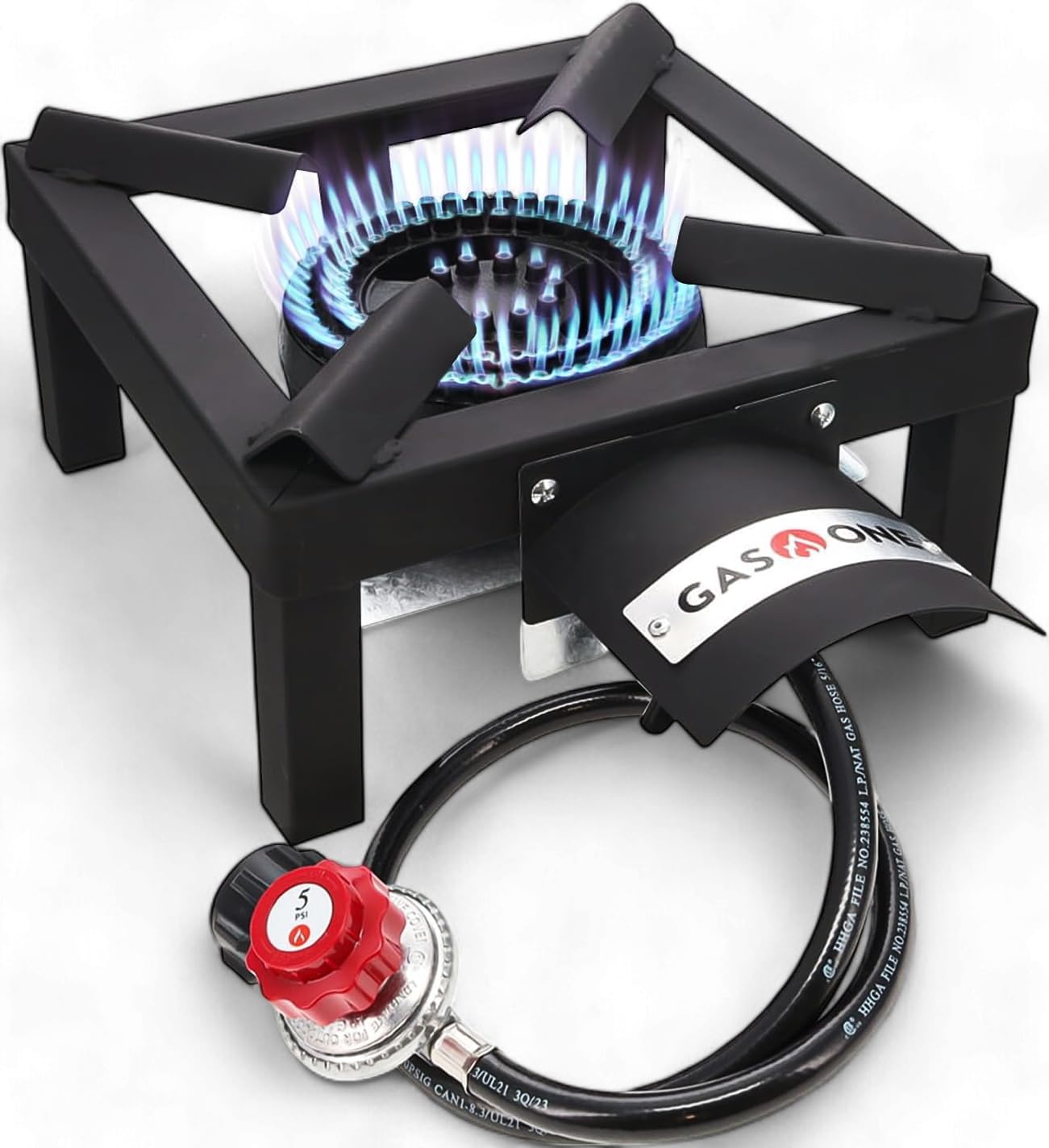 Gas One front view of burner showing sturdy frame and controls for reliable outdoor cooking