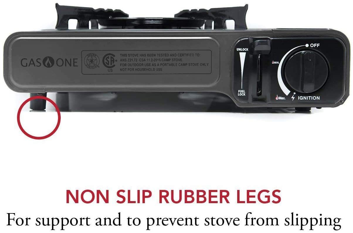 Gas One stove attached to 8 oz butane canister showing secure cartridge fit