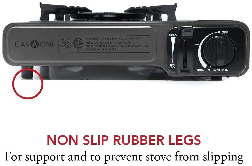 Gas One stove attached to 8 oz butane canister showing secure cartridge fit