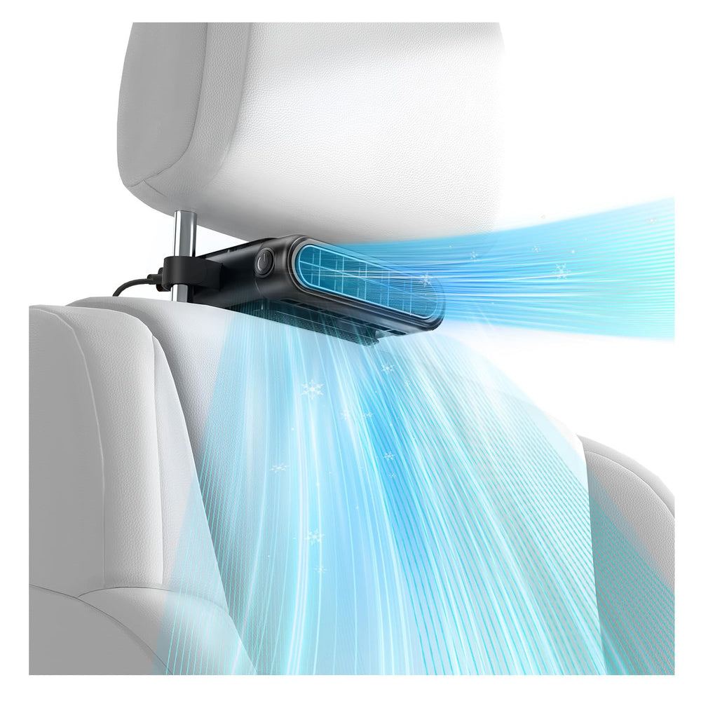Gathekare front packaging shot showing compact headrest fan and benefits