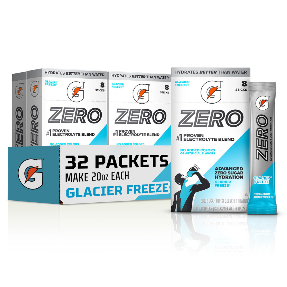 Gatorade Glacier Freeze front packaging showing 32 sticks and benefits