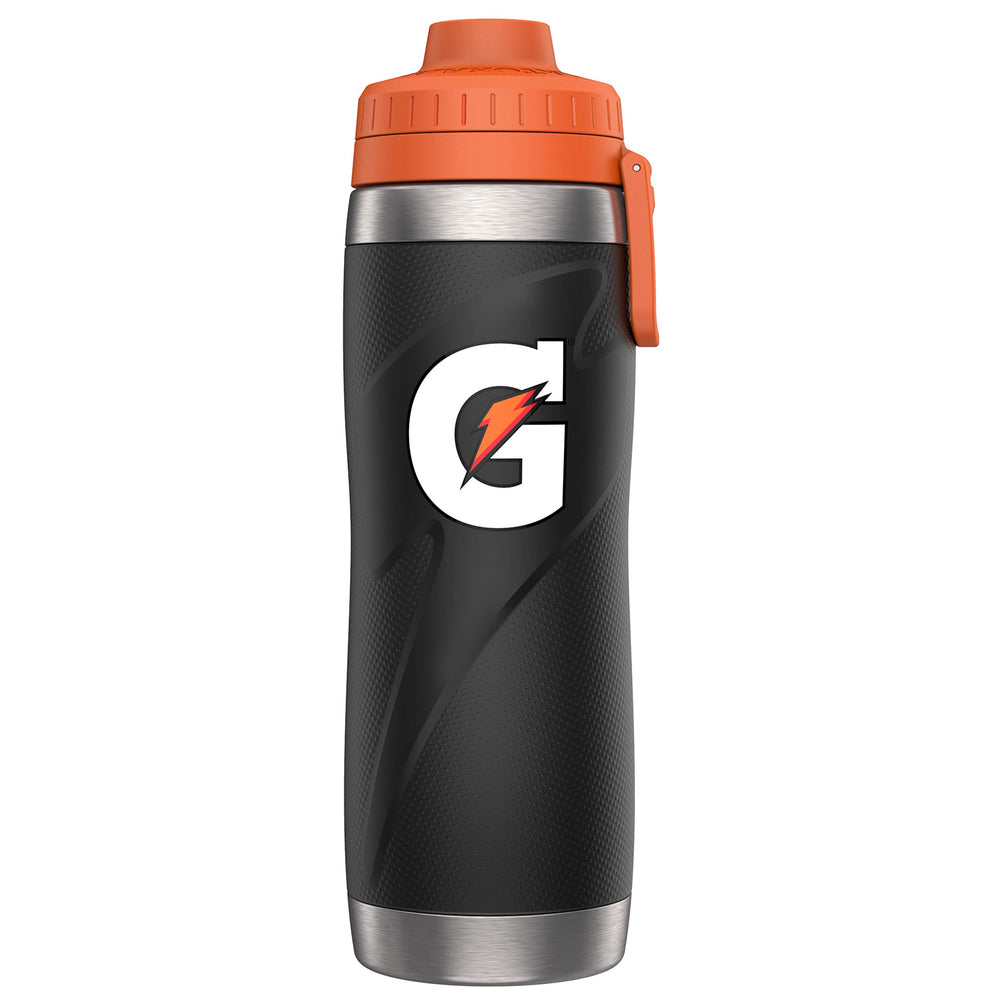 Gatorade stainless steel front view showing sleek bottle and capacity benefits