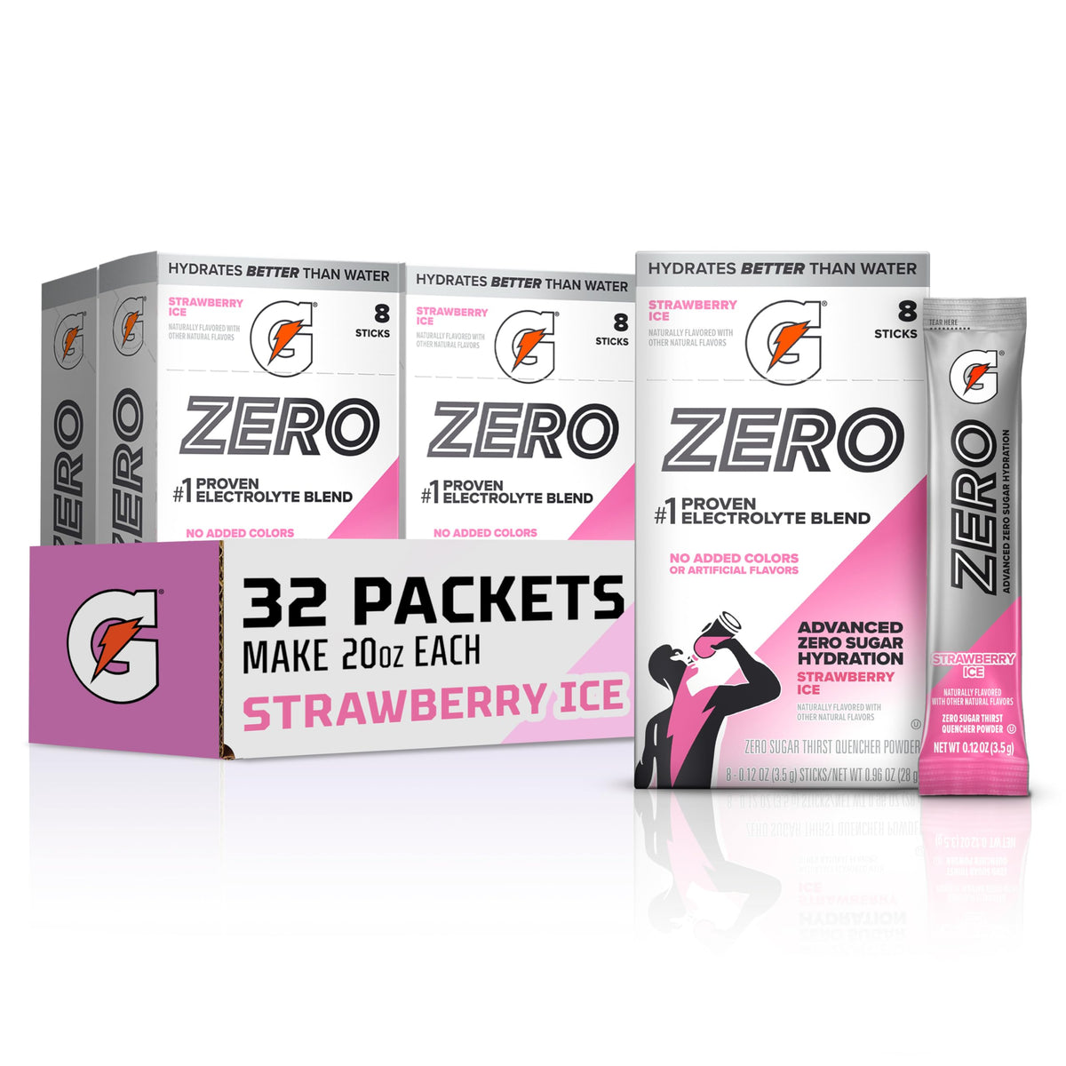 Gatorade front packaging showing Strawberry Ice 32-stick box and benefits