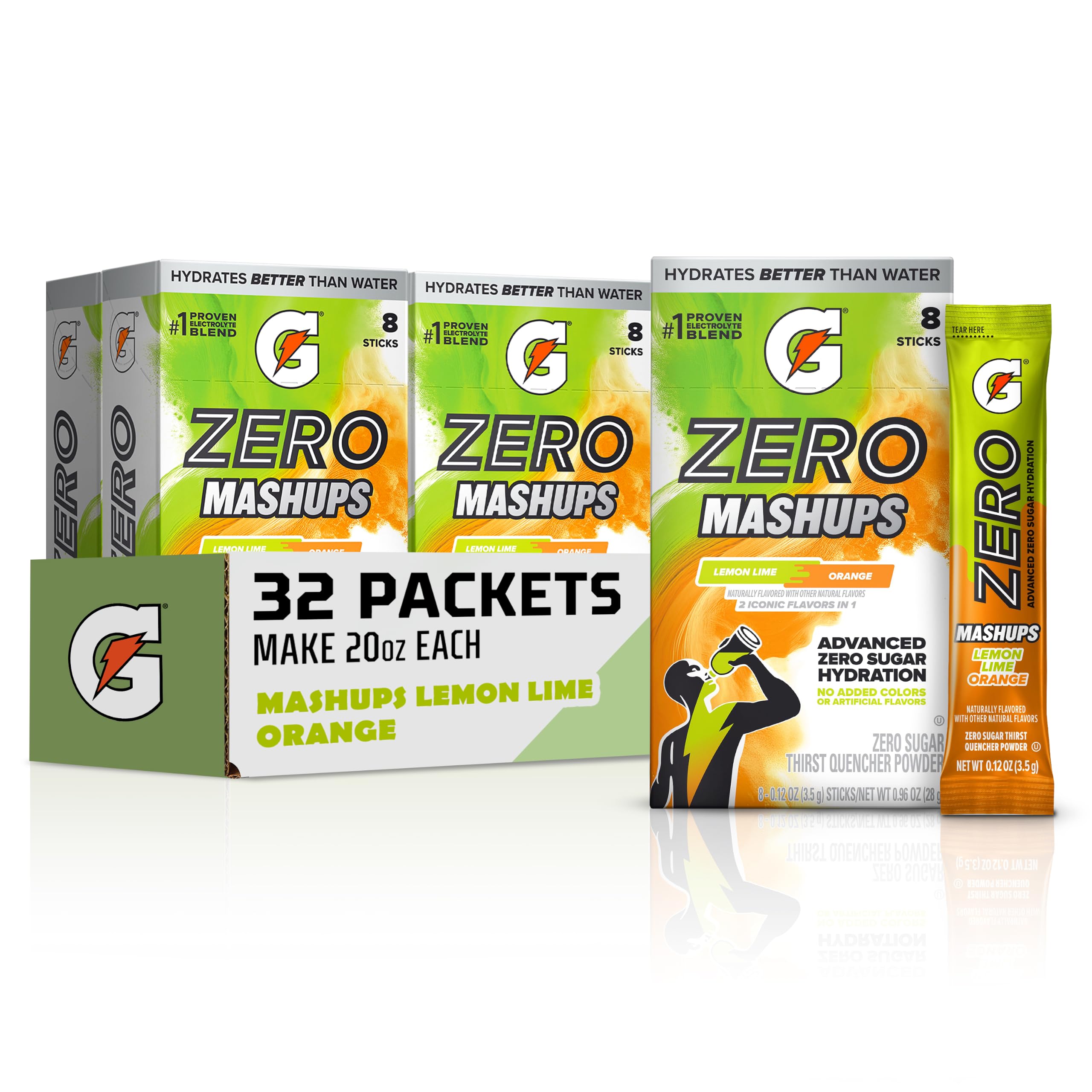 Gatorade Zero front packaging showing mashups Lemon Lime-Orange and benefits