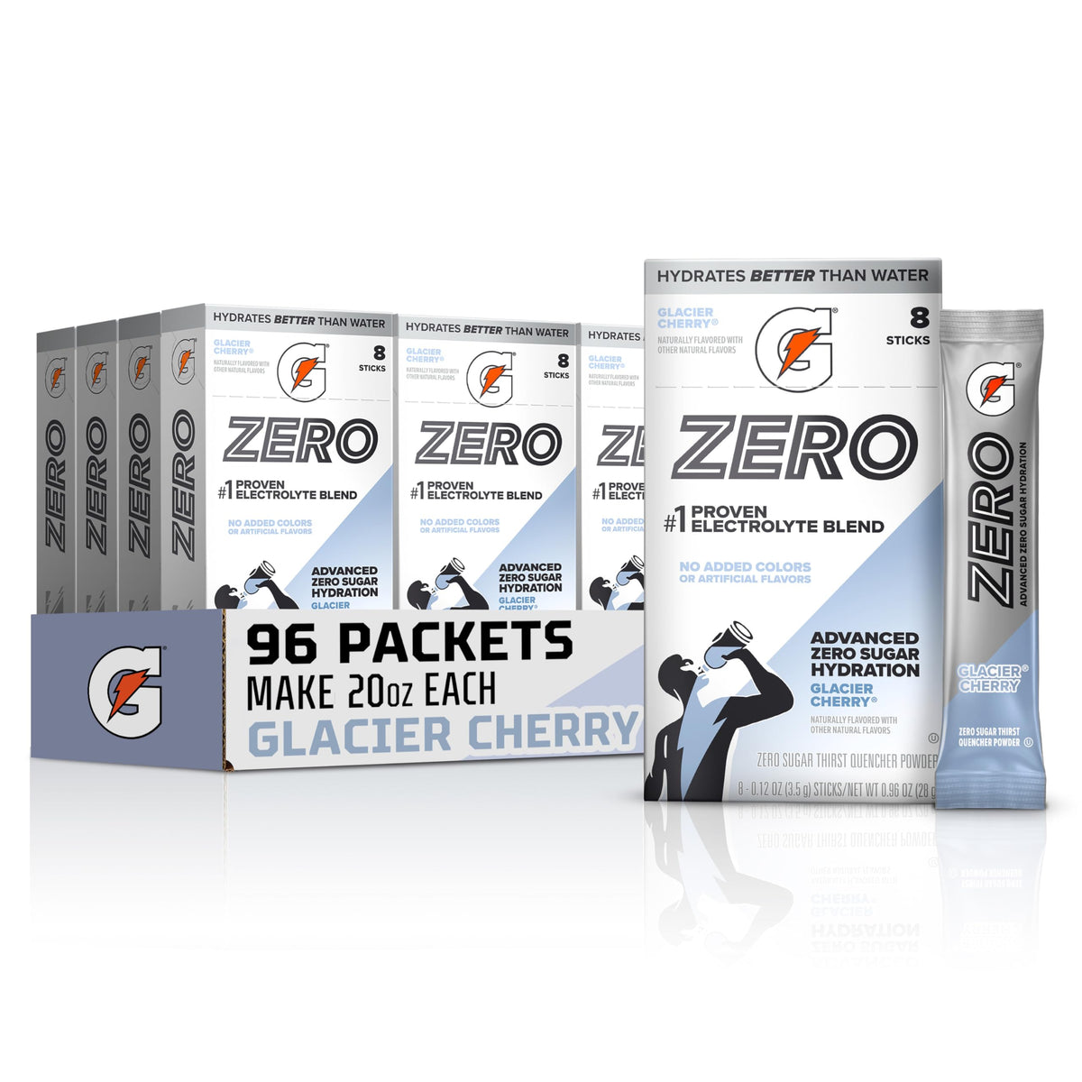Gatorade Glacier Cherry front packaging showing 96 sticks and clear labeling for convenience