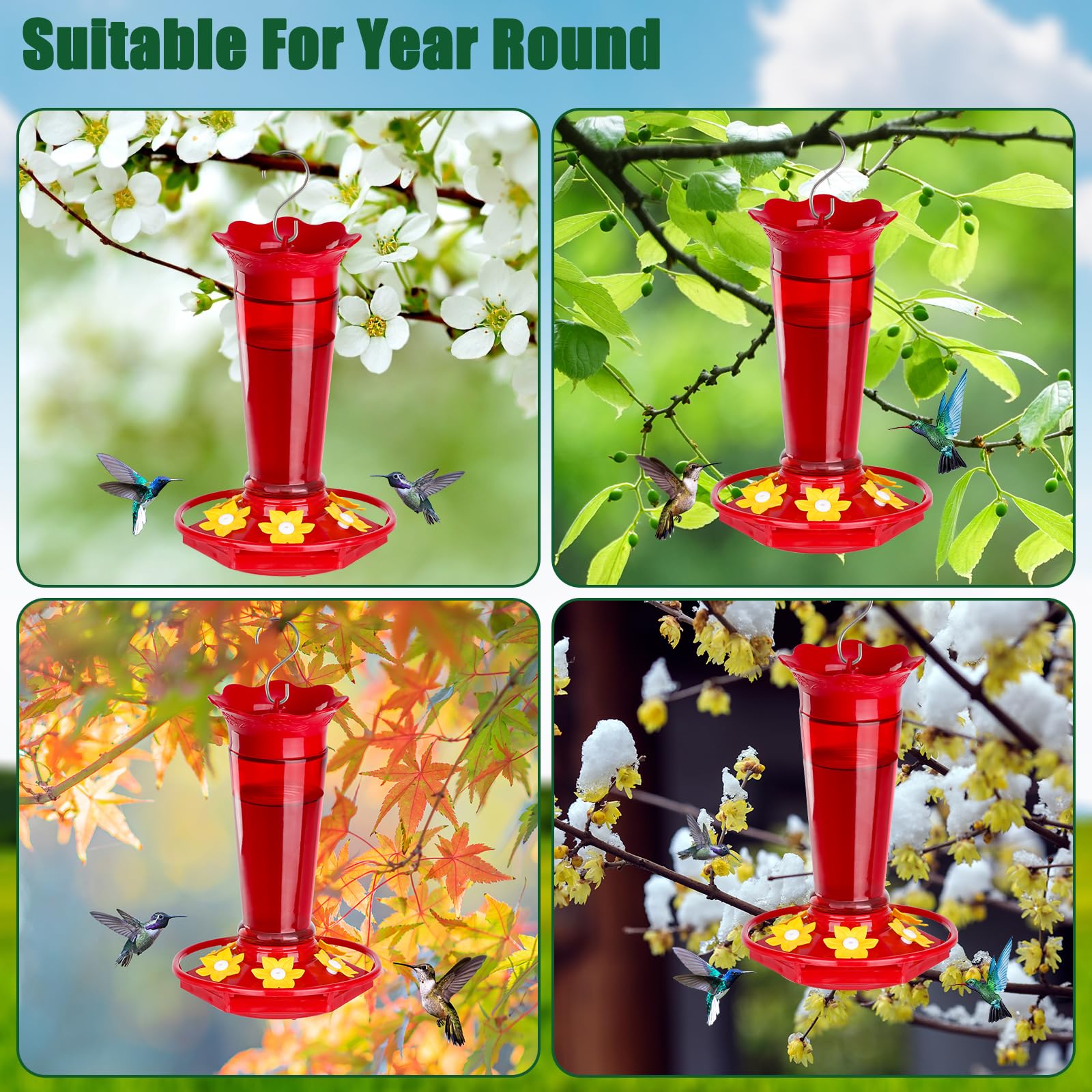 Gbekery feeder hanging from a tree branch attracting hummingbirds in a yard