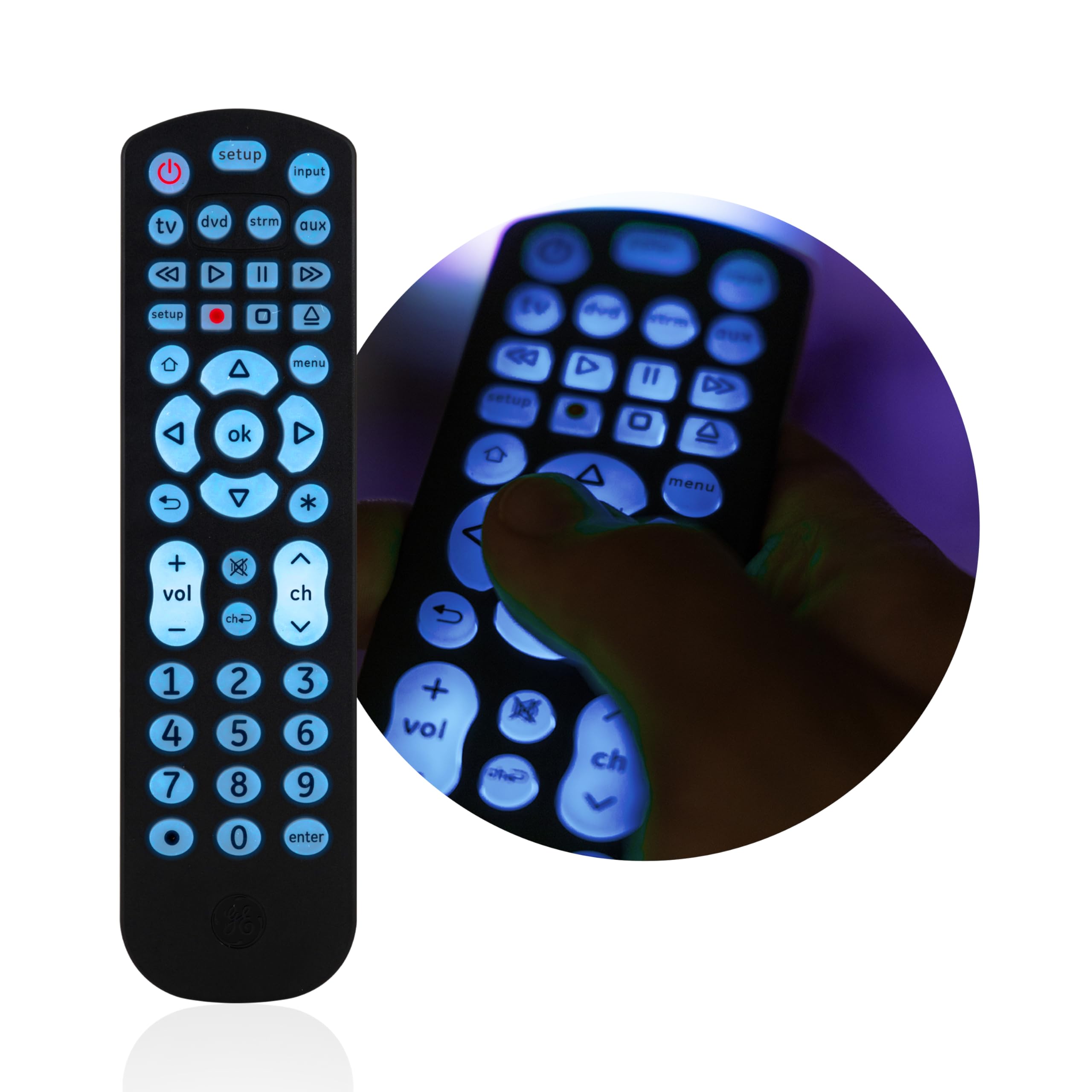 GE button closeup highlighting tactile keys and clear labeling for quick access