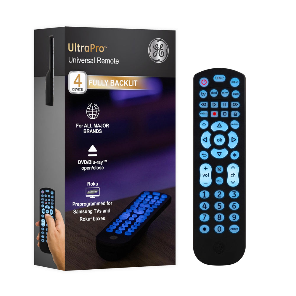 GE remote front view showing full keypad and ergonomic shape for easy control