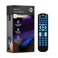 GE remote front view showing full keypad and ergonomic shape for easy control