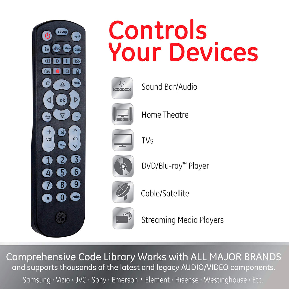 GE remote placed on living room media shelf showing multi‑device control benefit