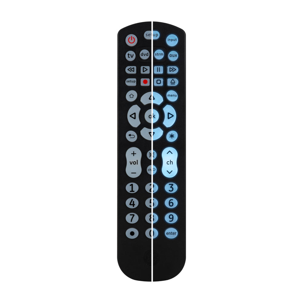 GE remote held in hand to show size and comfortable one‑hand operation benefit