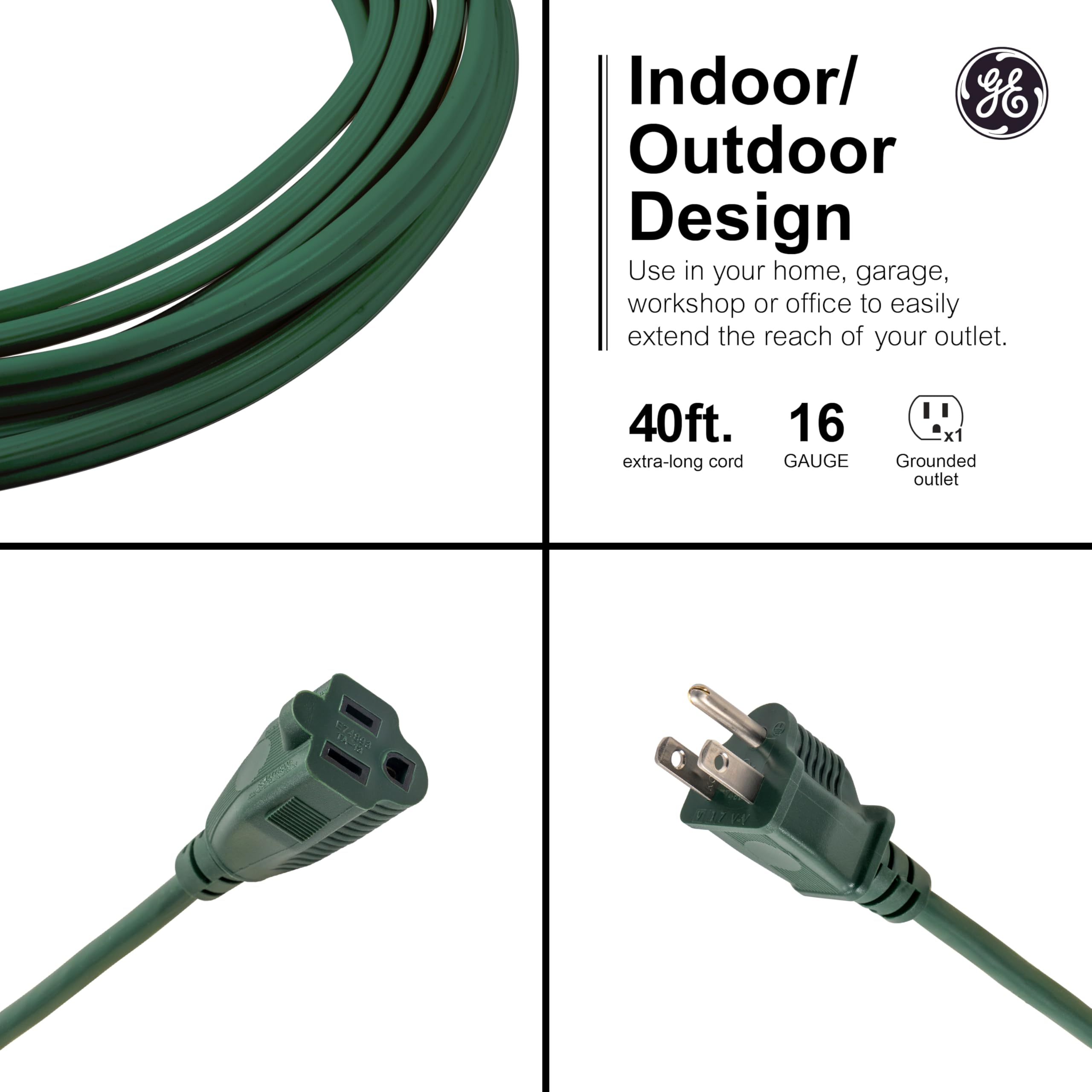 GE molded plug close-up highlighting strain relief and durable construction for long-lasting connections