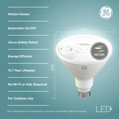 GE PAR38 close-up of built-in motion sensor highlighting instant activation benefit