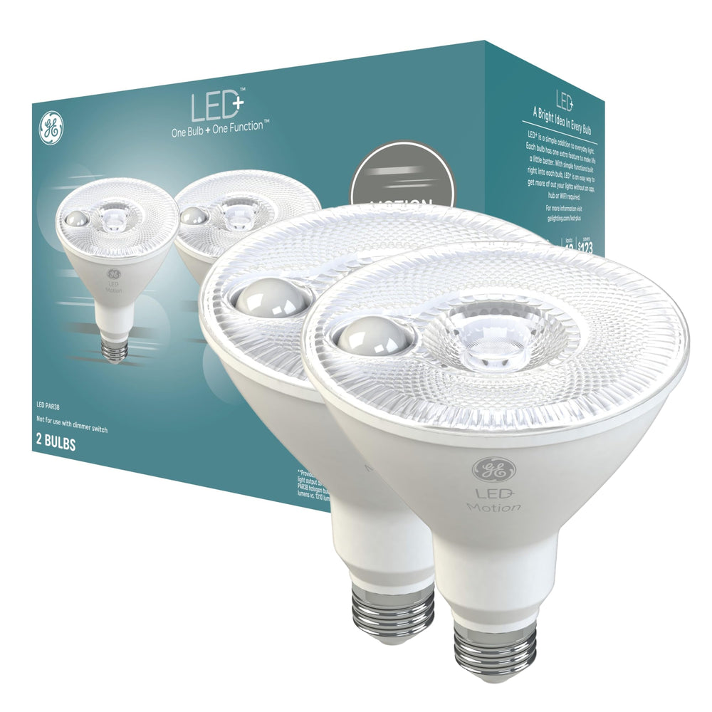 GE PAR38 front packaging showing two bulbs and key features for quick selection