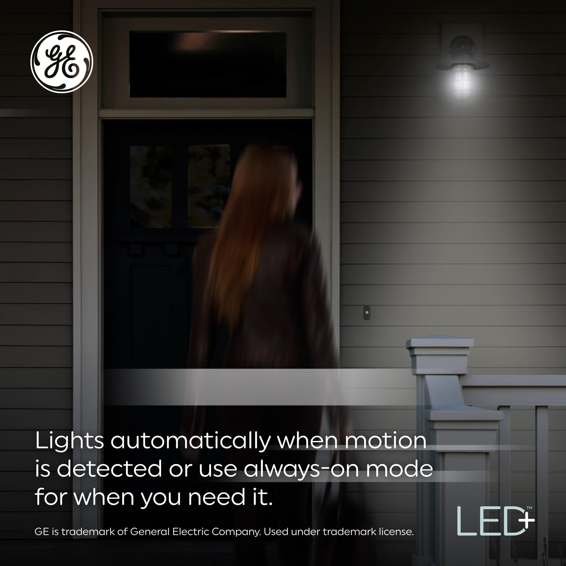 GE PAR38 installed on a porch fixture providing secure, hands-free entry lighting