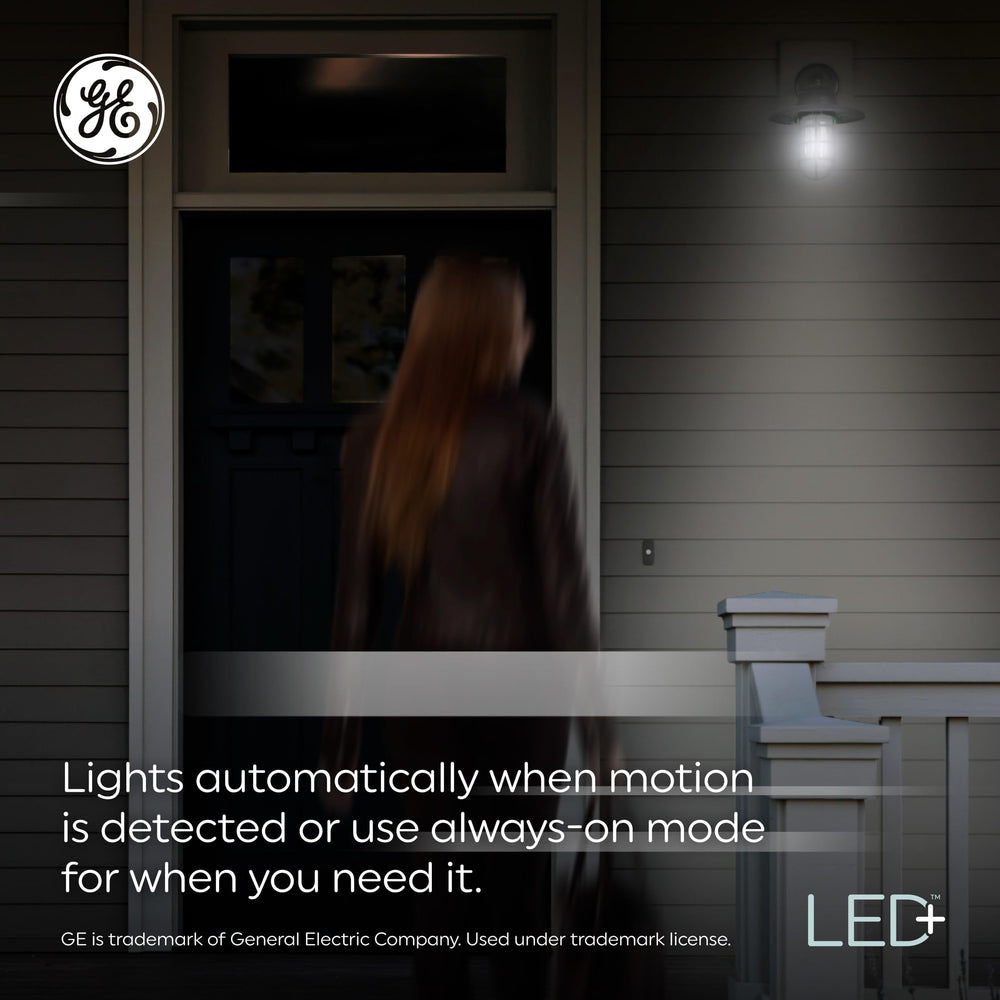 GE PAR38 installed on a porch fixture providing secure, hands-free entry lighting