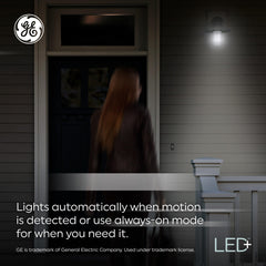 GE PAR38 installed on a porch fixture providing secure, hands-free entry lighting