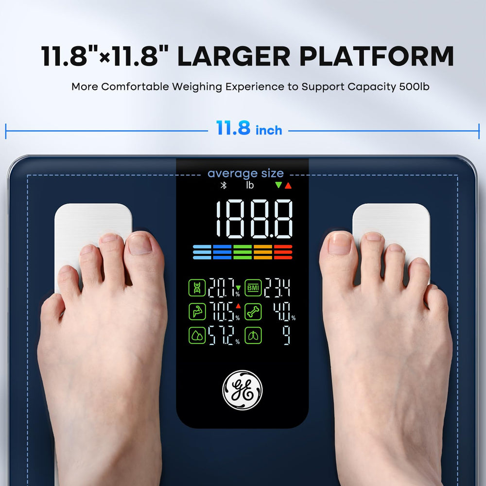 GE smart scale platform close-up showing textured surface for stable footing and safety