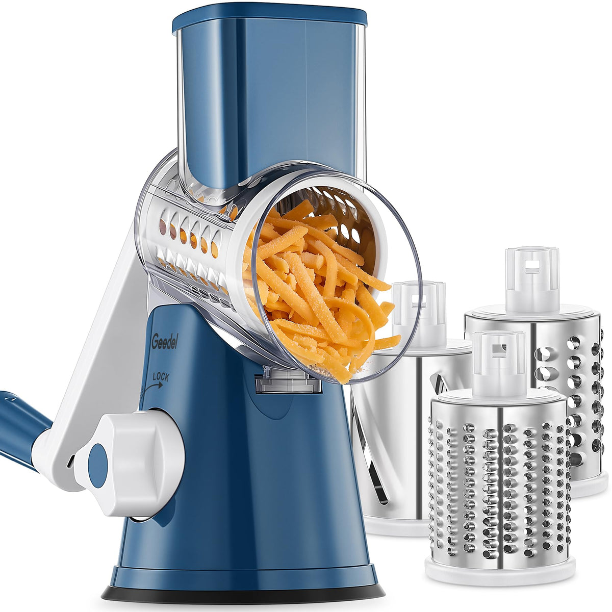 Geedel rotary grater front view showing compact design and stable base benefit