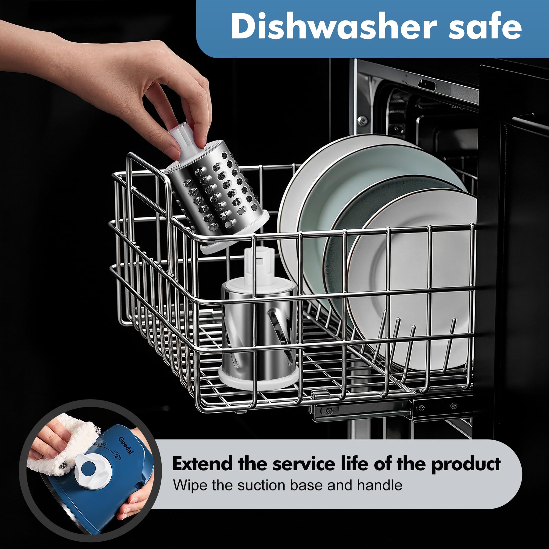 Geedel grater in kitchen lifestyle setting highlighting compact storage benefit