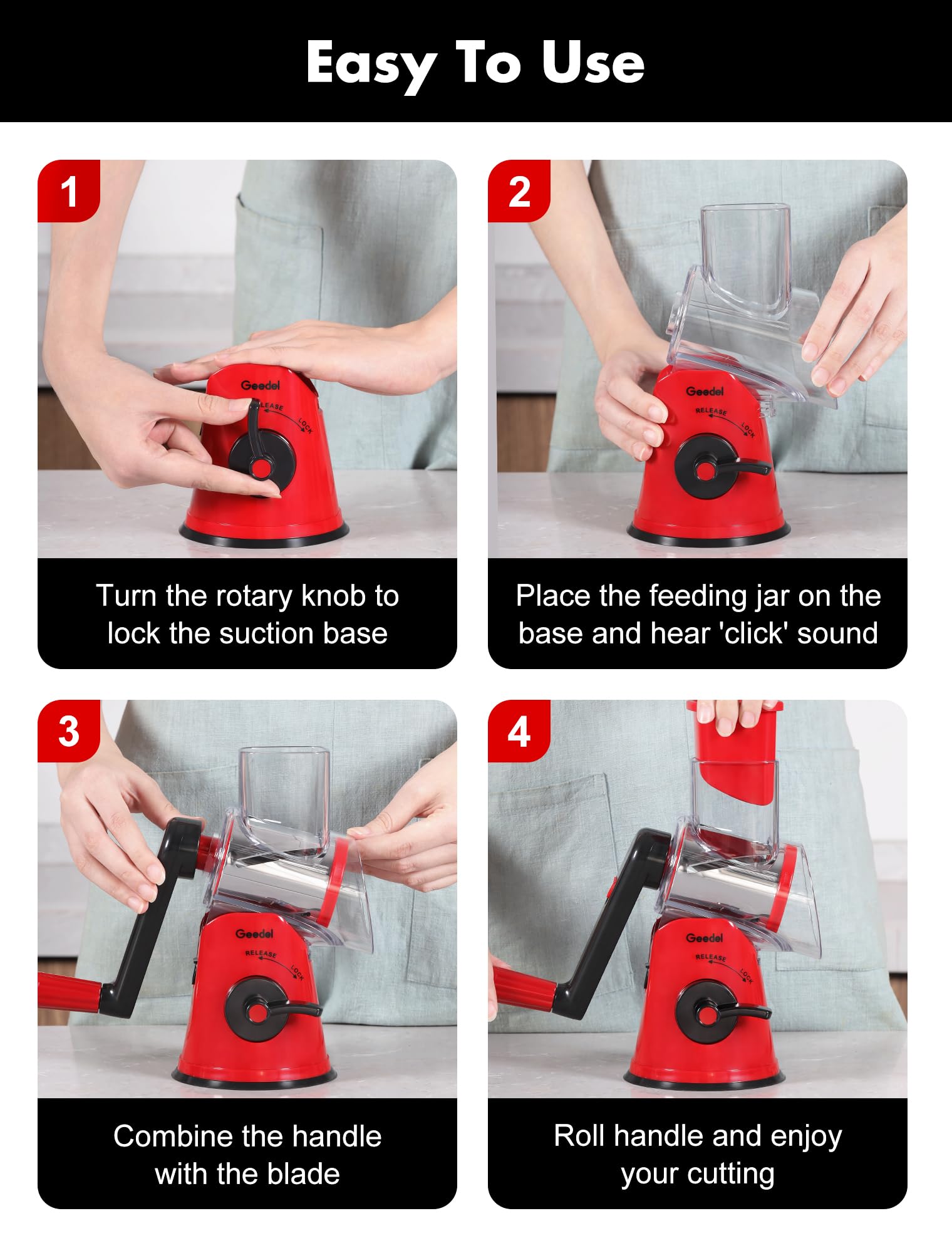 Geedel grater beside a hand showing compact scale and easy storage benefit