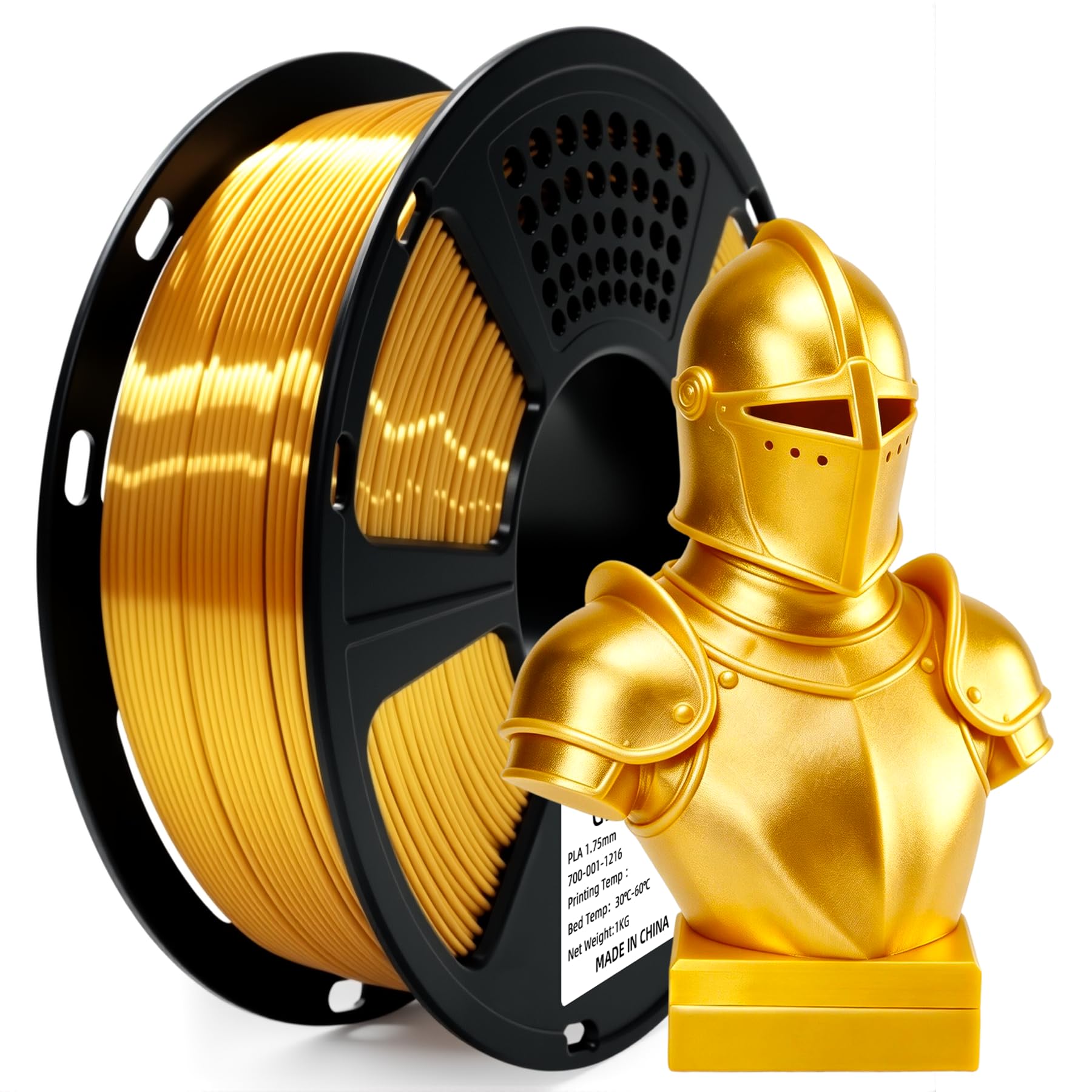 Geeetech silk PLA gold front spool showing glossy metallic finish and neat winding