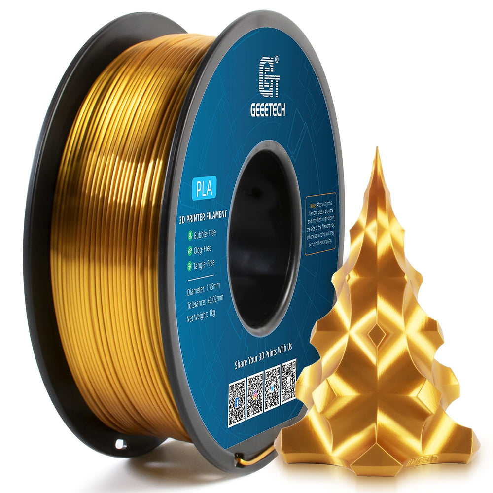 Geeetech silk PLA decorative pieces on shelf demonstrating vibrant gold finish