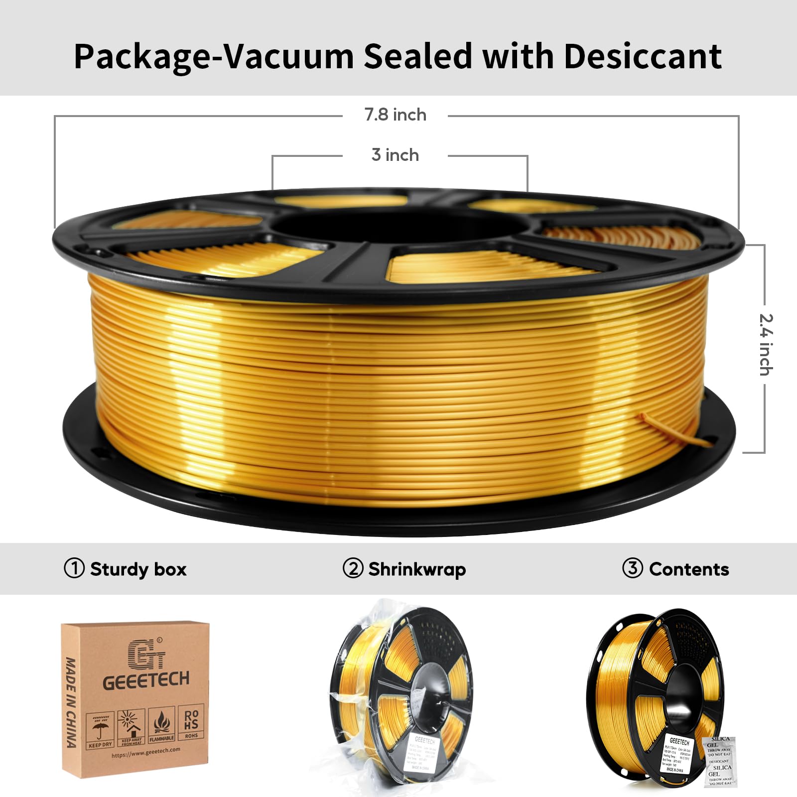 Geeetech silk PLA next to ruler scale comparison showing 330m spool length