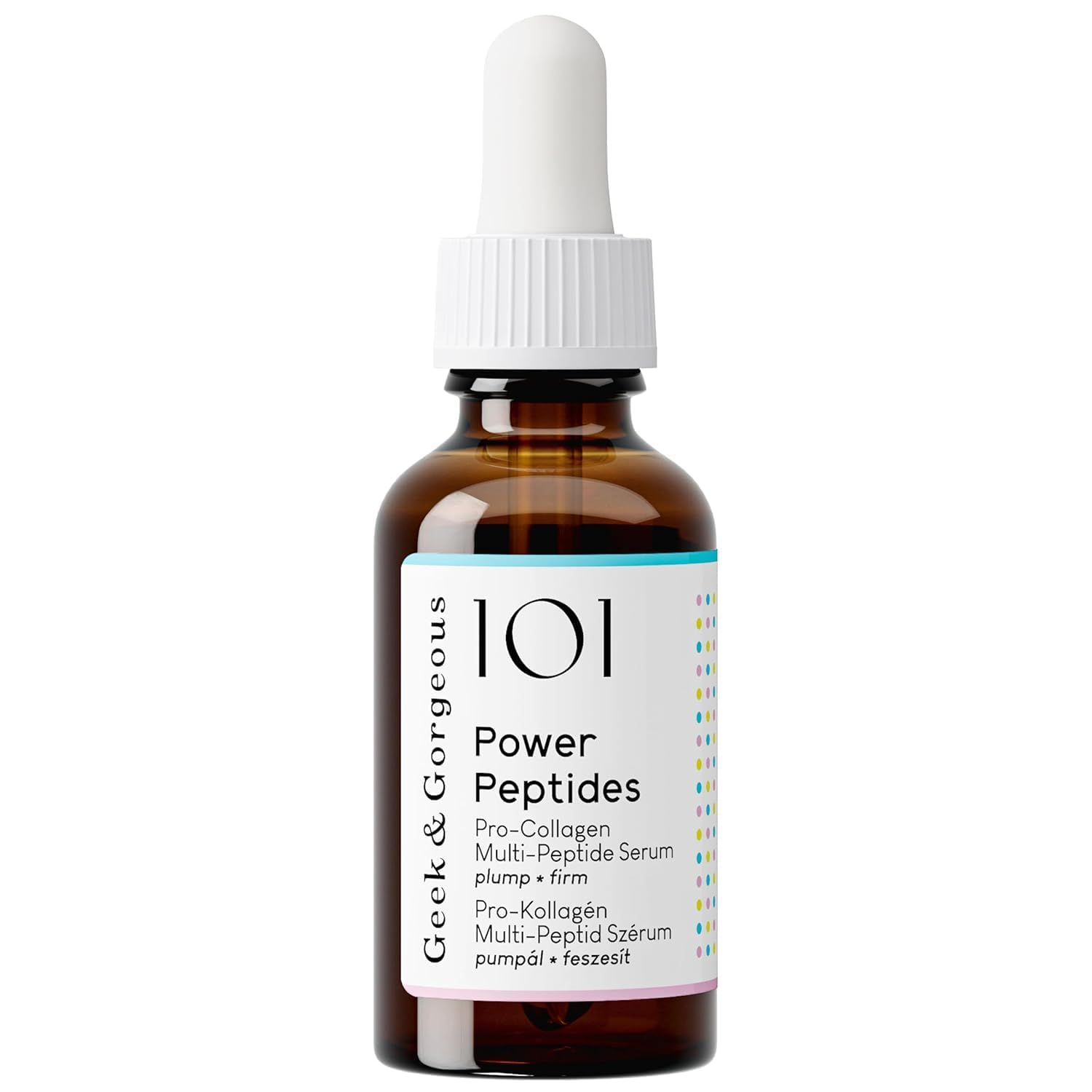 Geek & Gorgeous front bottle of Power Peptides Milky Serum showing packaging and brand benefit