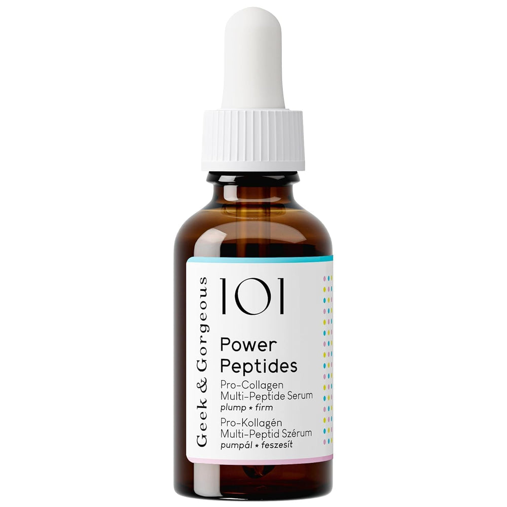 Geek & Gorgeous front bottle of Power Peptides Milky Serum showing packaging and brand benefit