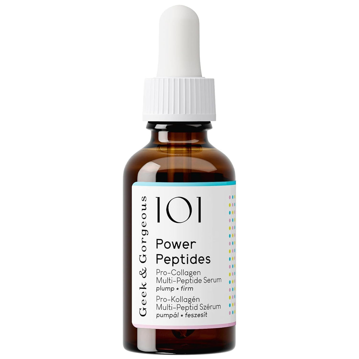 Geek & Gorgeous front bottle of Power Peptides Milky Serum showing packaging and brand benefit