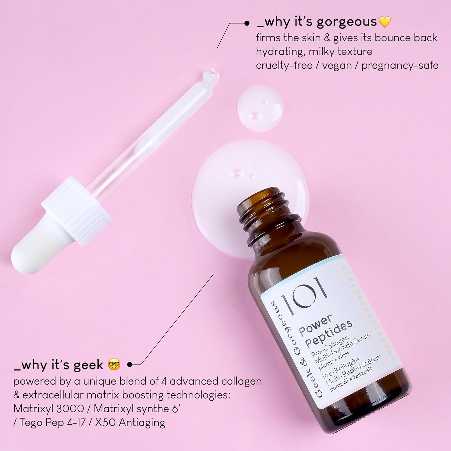 Geek & Gorgeous label close-up displaying peptide ingredients and formulation transparency benefit