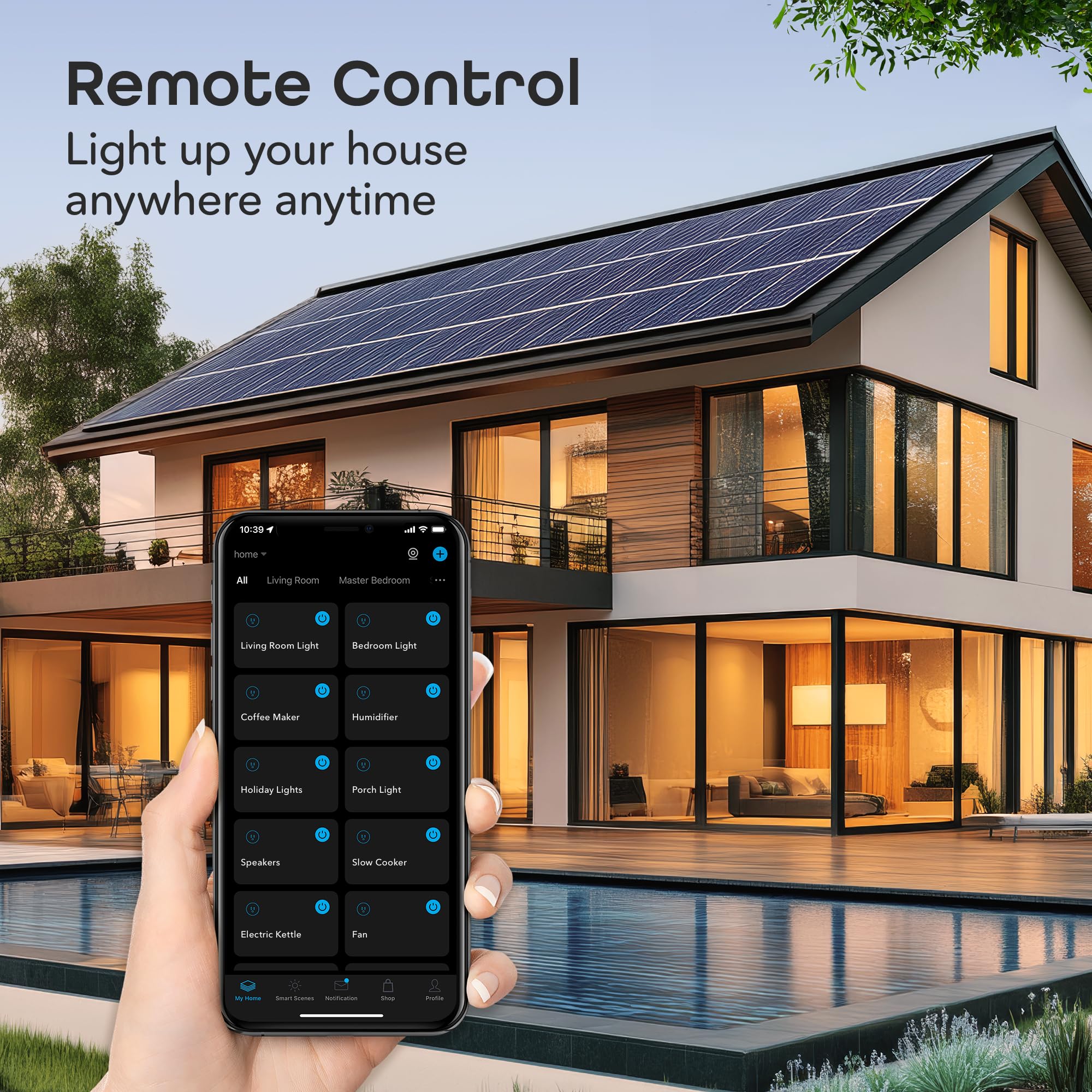 Geeni app schedule screen showing Dot Plug timers and automation benefit