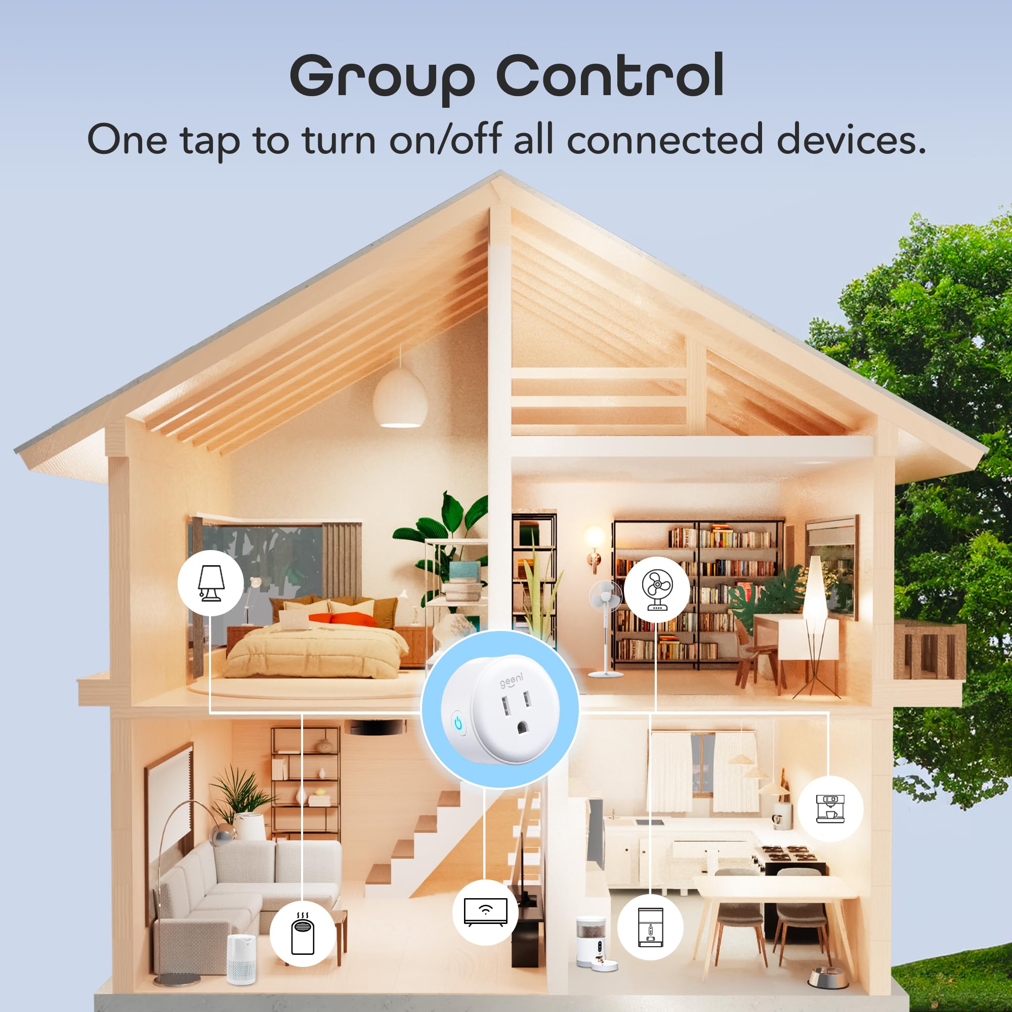 Geeni Dot Plug in living room with voice assistant showing hands-free convenience benefit